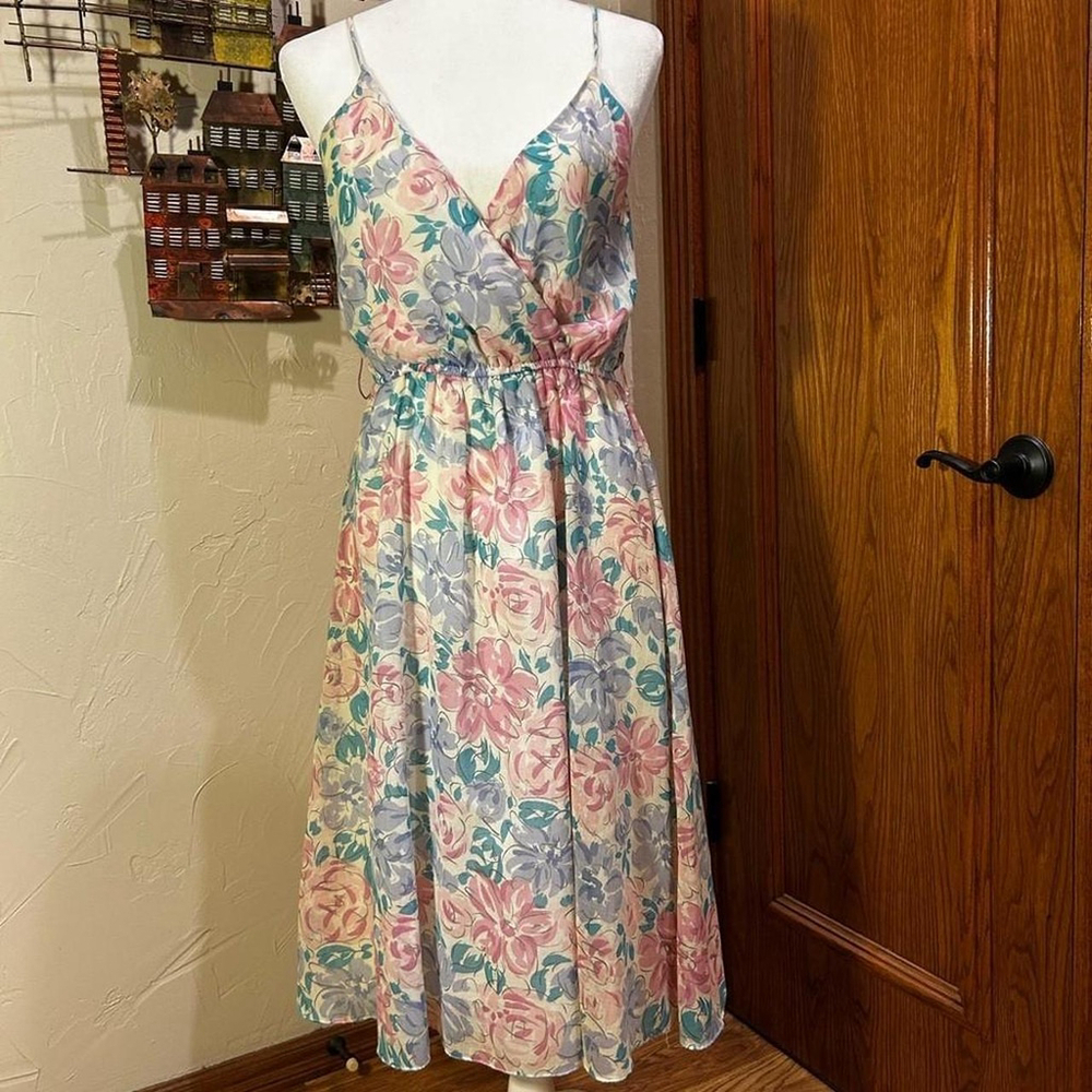 70s Floral Silk Spaghetti Strap Dress Small
